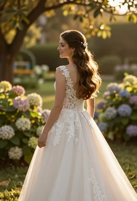 A photorealistic medium shot captures the elegant back view of a young woman standing gracefully in a sunlit garden, her…