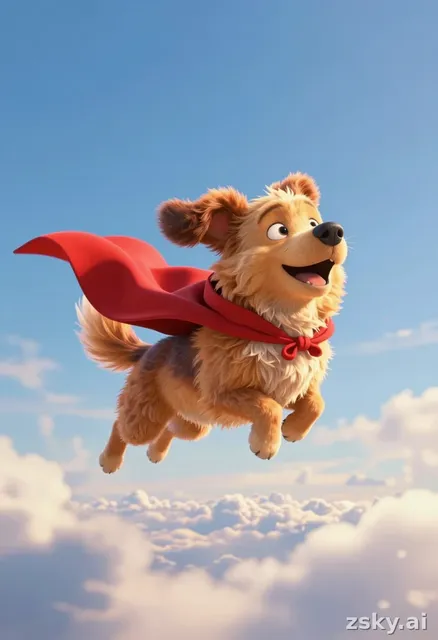 A whimsical and heartwarming illustration in the style of a modern animated family film, featuring a joyful dog soaring…