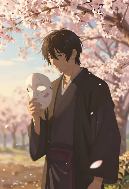 A silent warrior stands motionless beneath a gentle shower of falling cherry blossoms, his weathered face etched with…