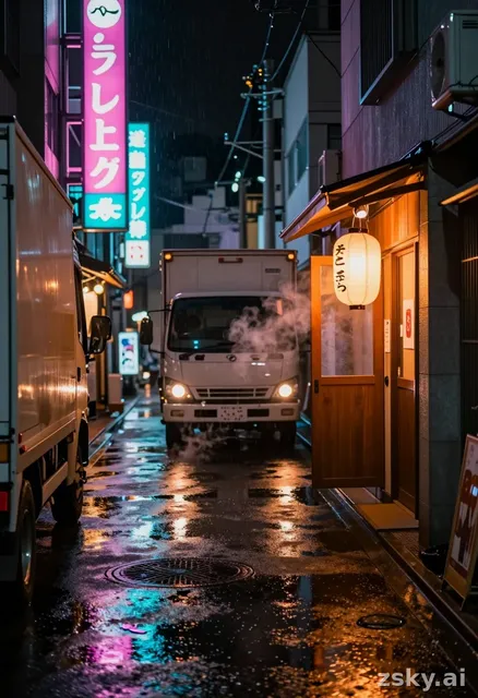 Going to truck shot of an empty Tokyo back alley at night, neon kanji signs flickering pink and cyan above wet pavement.