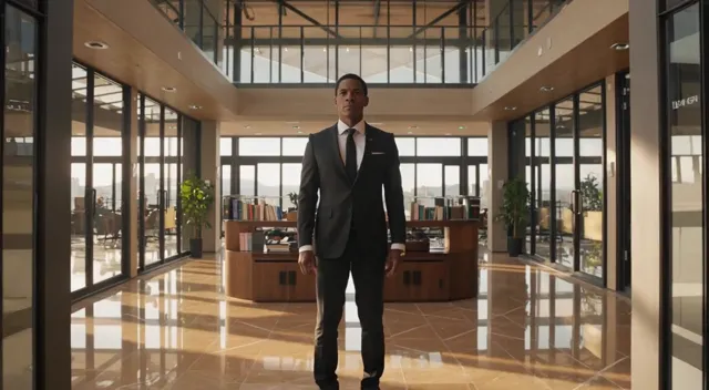 A professional male bank manager in a tailored black business suit stands confidently at the center of a sleek, modern South…