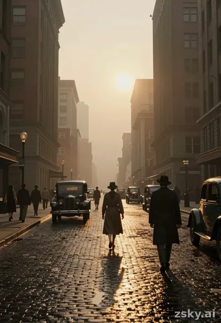 A static, cinematic still from a silent film scene set in a bustling 1920s city street.