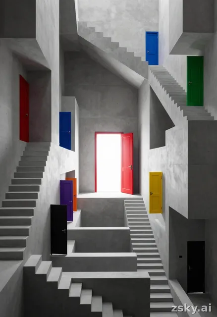 A photorealistic architectural visualization of an impossible, Escher-like labyrinth composed of intricate and complicated…