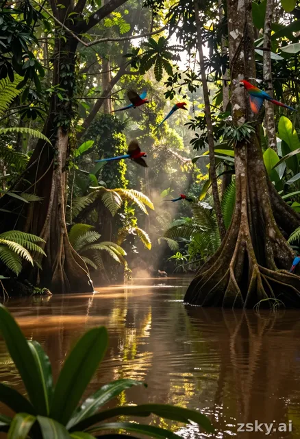 A photorealistic nature documentary scene set deep within the lush Amazon rainforest, capturing the raw beauty of the…
