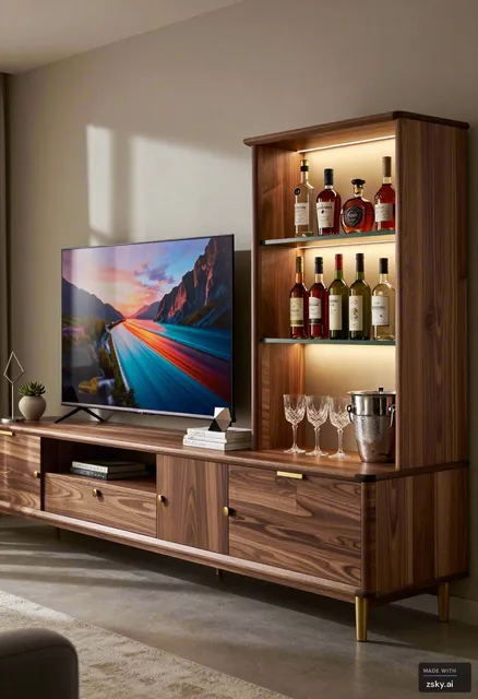 A photorealistic interior design visualization of a modern, two-part furniture unit, featuring a sleek television console on…