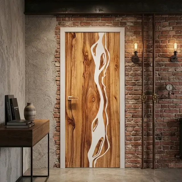 Slow cinematic horizontal pan across luxury interior with live-edge wooden door.