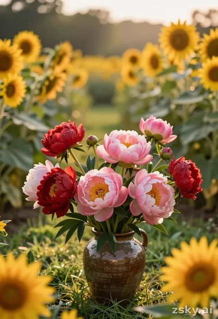 A soft, golden-hour sunlight bathes a lush garden filled with blooming flowers in vibrant reds, pinks, and yellows.