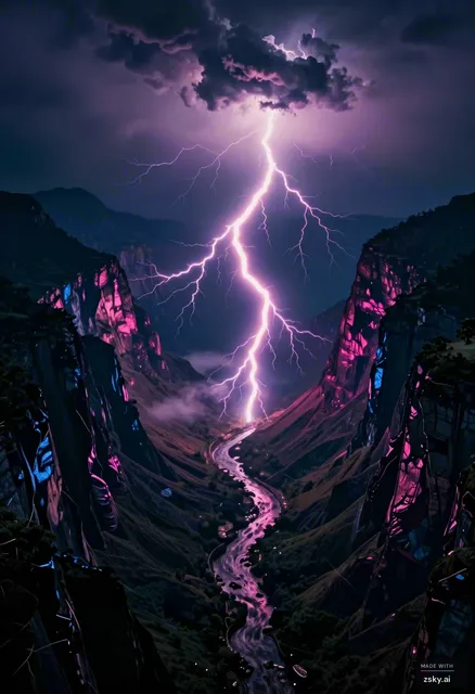Wide aerial cinematic shot of neon-pink lightning rivers flowing through deep dark mountain valleys at night, the bolts…