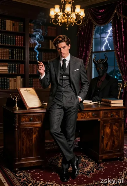 A photorealistic cinematic portrait set in a dimly lit, opulent Victorian study filled with ancient books and heavy velvet…