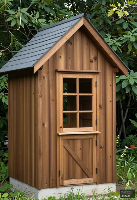 make into this image wood schield and wood window and door frame, gray roof and nature surrounding