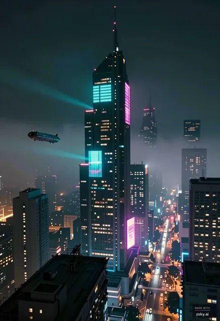 Wide bird's-eye establishing shot of a cyberpunk megacity at night, towering neon skyscrapers piercing through a low rolling…