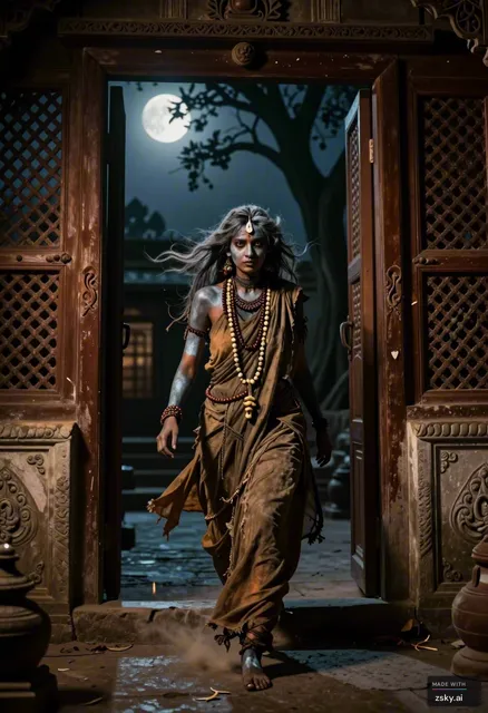 A photorealistic cinematic scene capturing the mystical and eerie atmosphere of an ancient Indian courtyard at twilight.