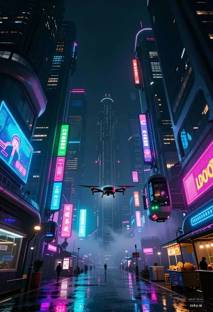 A photorealistic cyberpunk cityscape at night, captured in a low-angle wide shot that emphasizes the towering scale of the…
