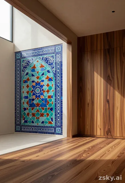 A photorealistic architectural visualization of a contemporary Islamic-inspired interior space, blending modern minimalism…