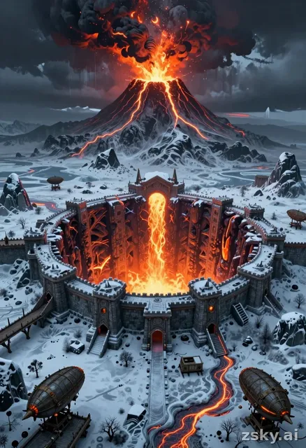 epic fantasy environment, frozen wasteland island, massive volcanic mountain erupting, deep colossal abyss with a glowing…