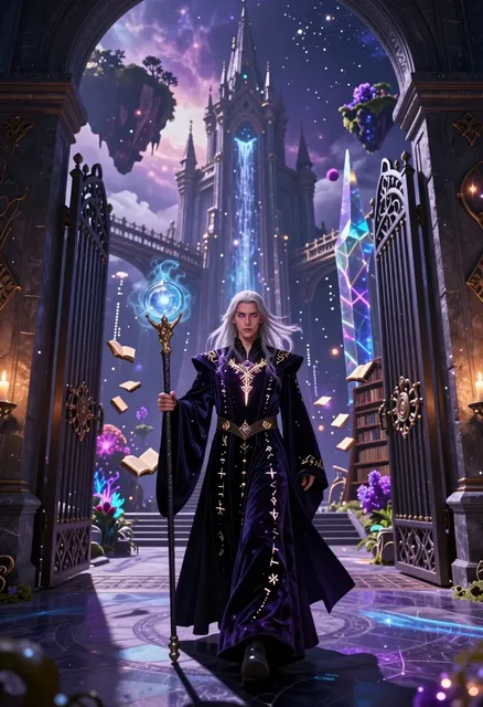 A high-fantasy cinematic sequence capturing the majestic arrival of a sorcerer-warrior into his ethereal domain, rendered in…