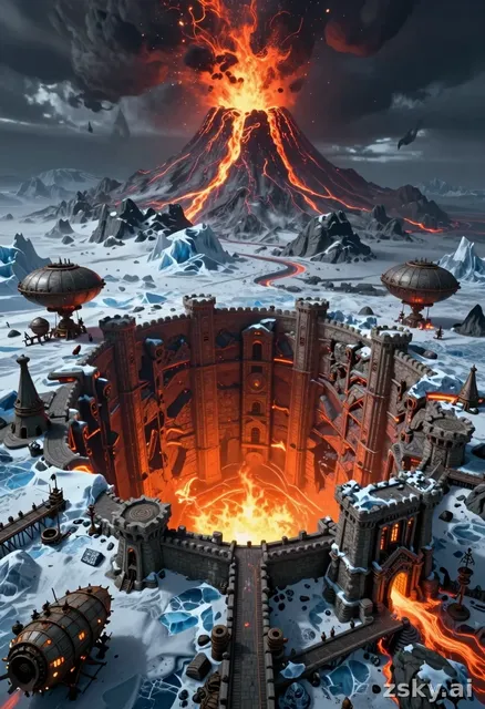 epic fantasy environment, frozen wasteland island, massive volcanic mountain erupting, deep colossal abyss with a glowing…