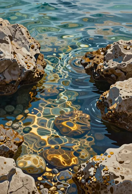 trompe l’oeil painting on canvas, hyper realistic transparent sea water between rocks, close-up view, crystal clear water…