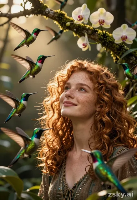 Cinematic close-up of a young woman with curly auburn hair and freckled skin, standing in a sun-dappled jungle clearing at…