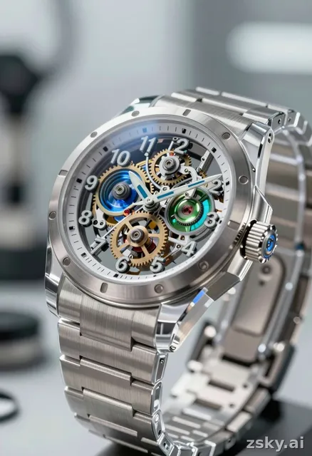 ultra realistic macro shot, avant-garde futuristic wristwatch, transparent sapphire case, brushed titanium, orbital rotating…