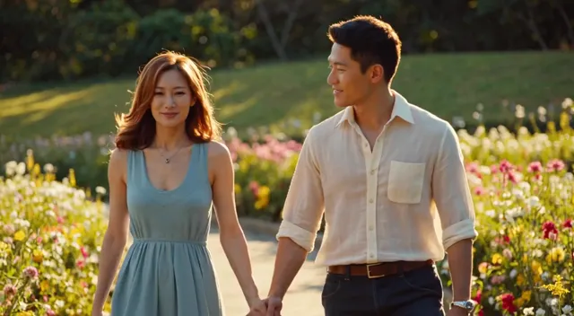 this woman walking hand in hand with a handsome Asian man in his early 30s, strolling along a gently curving path surrounded…