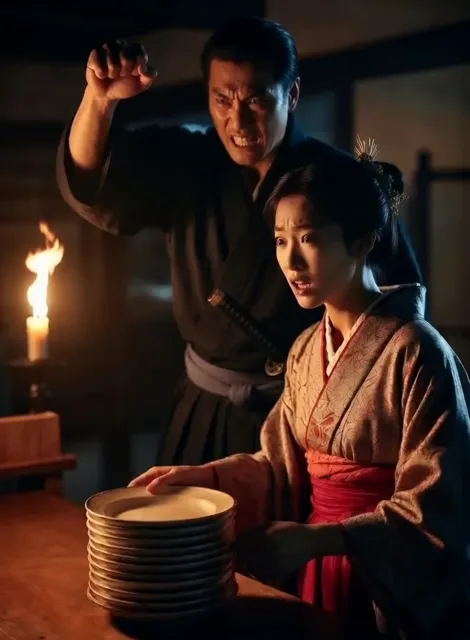 "10 seconds video of Punishment samurai confronting frightened servant woman, dark room, intense atmosphere, dramatic…