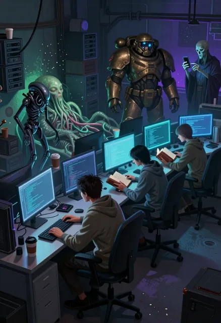 A surreal, high-fantasy digital illustration blending sci-fi horror with mundane office life, rendered in a detailed…