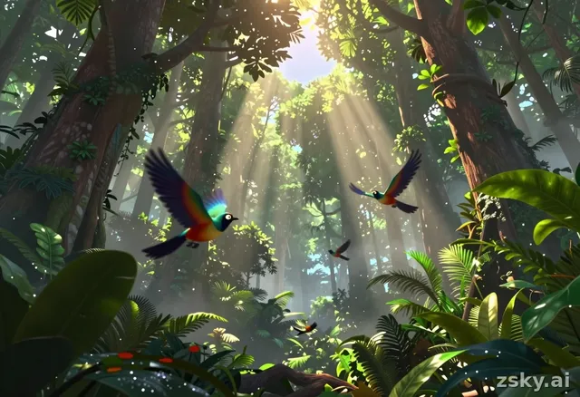 A vibrant, hand-rendered 3D animation in the distinctive style of a high-budget Pixar film, featuring a lush, dense Amazon…