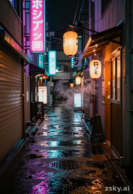 Wide cinematic anamorphic shot of an empty Tokyo back alley at night, neon kanji signs flickering pink and cyan above wet…