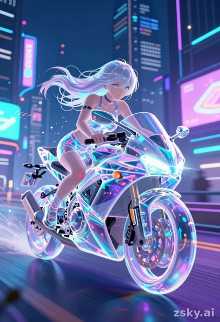 An anime-style illustration of a glowing glass motorcycle, transparent and reflective, moving through a futuristic cityscape…
