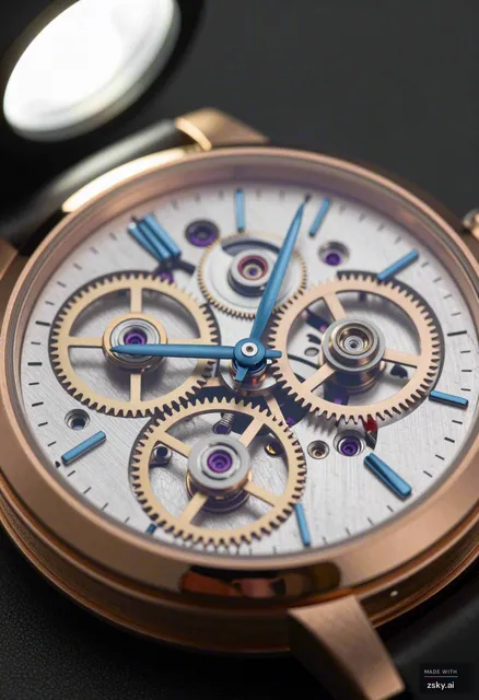 Photorealistic macro photography of a complex mechanical watch movement, centered in the frame with a shallow depth of field…