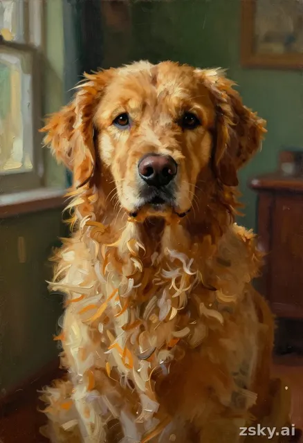 A charming oil painting portrait of a pet, rendered in the style of a classic impressionist canvas with visible brushstrokes…