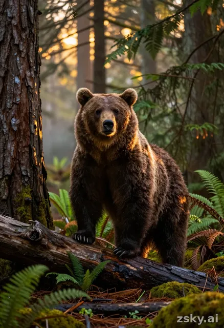 A photorealistic wildlife documentary shot capturing the raw majesty of a massive brown bear in its natural habitat.