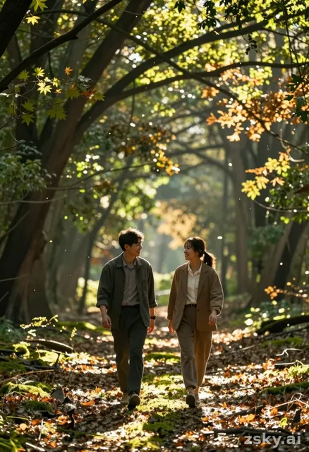 A photorealistic cinematic medium shot centered on two individuals walking slowly toward each other across a sun-dappled…