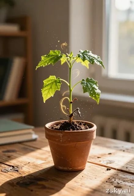 A vibrant and energetic scene depicting the concept of revival or reanimation, centered on a small, withered potted plant…
