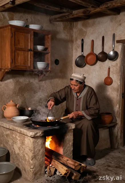 A realistic traditional old Arab kitchen, warm lighting, an elderly woman cooking over a wood fire, simple clay pots and…