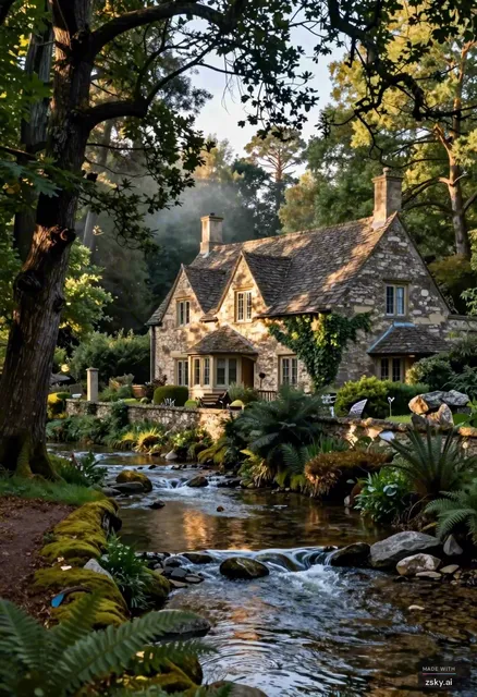 A photorealistic architectural landscape capturing a secluded, charming house nestled deep within a dense, ancient forest…