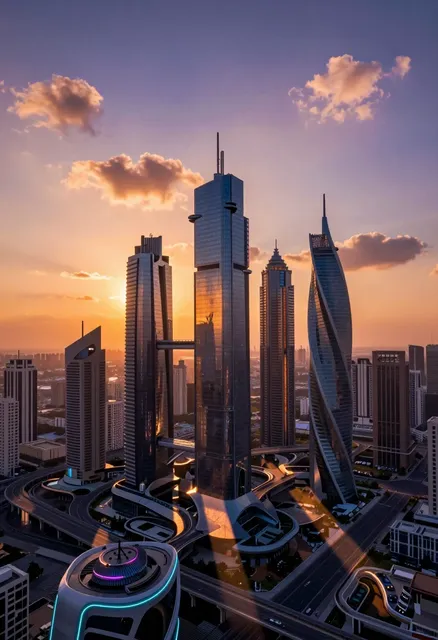 A photorealistic wide-angle architectural visualization of a sprawling futuristic metropolis bathed in the warm, amber glow…