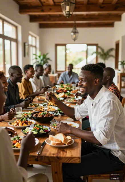 A photorealistic interior scene set within a spacious, warmly lit dining hall that features high ceilings with exposed…