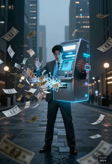 A surreal, magical-realist digital painting depicting a solitary man standing in the center of a dimly lit, modern financial…