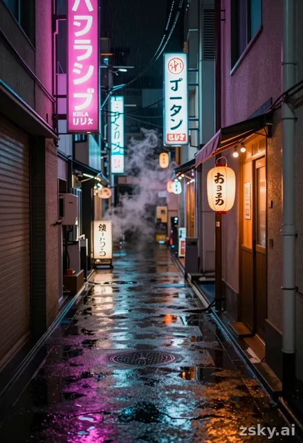 Wide cinematic anamorphic shot of an empty Tokyo back alley at night, neon kanji signs flickering pink and cyan above wet…