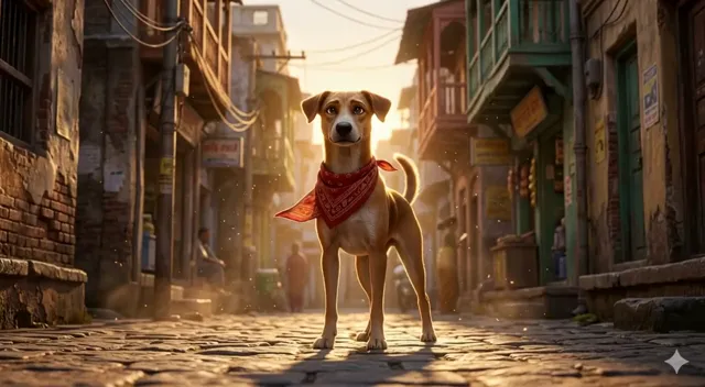 A golden retriever with a red bandana stands in the center of a sun-drenched, cobblestone alley in a rustic, old town.