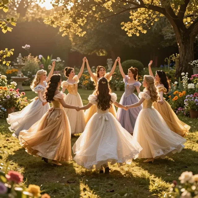 Golden hour light bathes a quiet, enchanted garden as seven Disney princesses twirl slightly, their gowns fluttering in a…