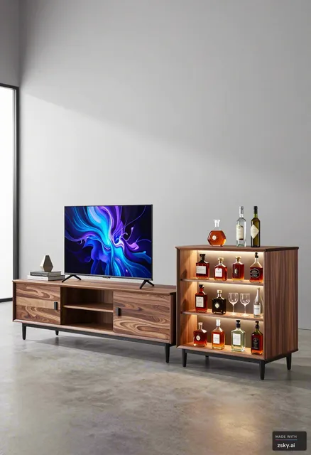 Photorealistic interior design product rendering of a modern, high-end two-piece furniture set featuring a sleek TV console…