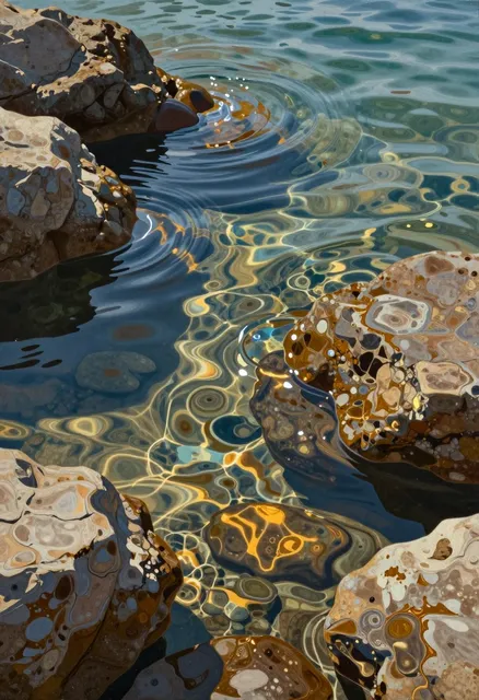 trompe l’oeil painting on canvas, hyper realistic transparent sea water between rocks, close-up view, crystal clear water…