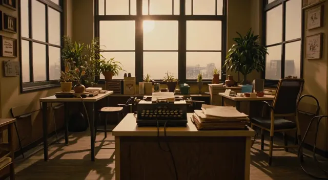 A static video in claymation style showing a quiet office at midday.