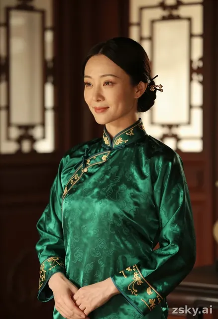 A photorealistic portrait of a woman in a vibrant, traditional tang suit, captured in a medium close-up shot that emphasizes…