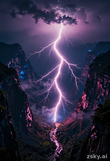 Wide aerial cinematic shot of neon-pink lightning rivers flowing through deep dark mountain valleys at night, the bolts…
