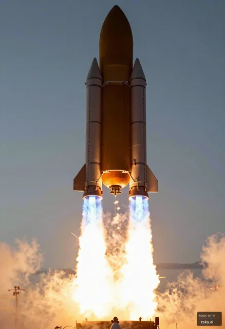 Extreme close-up of twin rocket engines igniting at dawn, blue-white plasma plumes erupting downward as the launch vehicle…