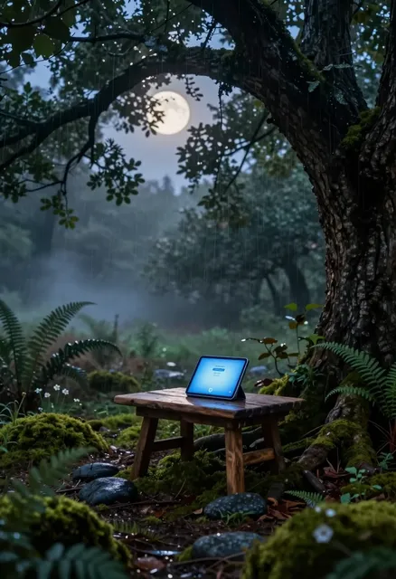 A photorealistic, hyper-detailed ambient scene designed for deep relaxation and sleep meditation, rendered in a soft…